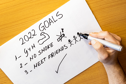 overview of hands writing goals and wishes for the new year 2022, going to the gym, not smoking, meeting friends...