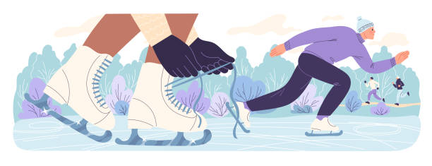 People skate in the park on a frozen pond People skate in the park on a frozen pond. skater feet stock illustrations