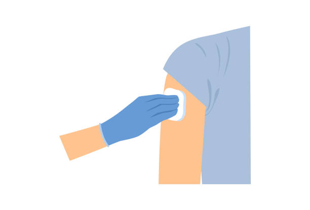 Concept of vaccination Concept of vaccination. Hand in medical glove holds cotton wool and disinfects patient shoulder for injection against flu and coronavirus. Cartoon flat vector illustration isolated on white background skin exame stock illustrations