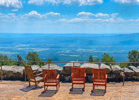 Rocking Chairs sit on top of Mount Magazine providing a view of the the Petit Jean River Valley and Blue Mountain Lake