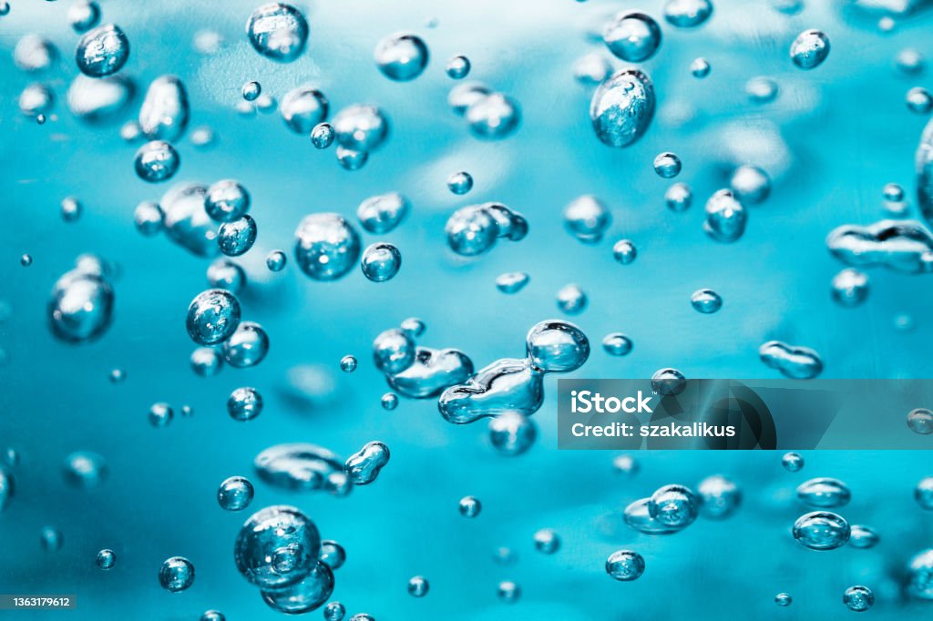 Blue water gel pattern background. Abstract round bubble shapes fizzy liquid background. Air bubble texture. Blue Stock Photo
