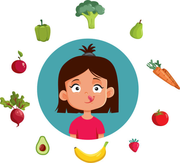 happy girl eating healthy concept vector cartoon - apple eating little girls green stock illustrations