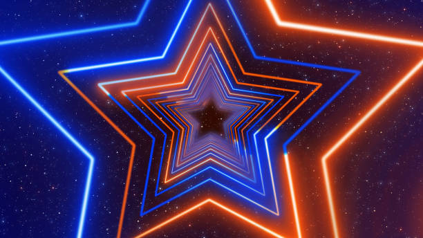 istock Abstract Futuristic Blue And Orange Star Shape Lines Neon Light Tunnel On Glittering Sparkle Stardust 1363186789