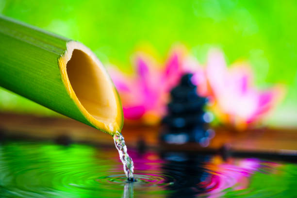 istock Fresh green background with water flowing from bamboo 1363187519