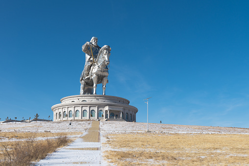 The world's largest equestrian statue. The leader of Mongolia, Genghis Khan.Ulaan Baatar Mongolia. The picture took on Jan 26, 2019.