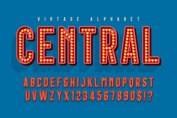 Retro cinema alphabet design, cabaret, LED lamps letters and numbers. Retro cinema alphabet design, cabaret, LED lamps letters and numbers. Original design burlesque stock illustrations