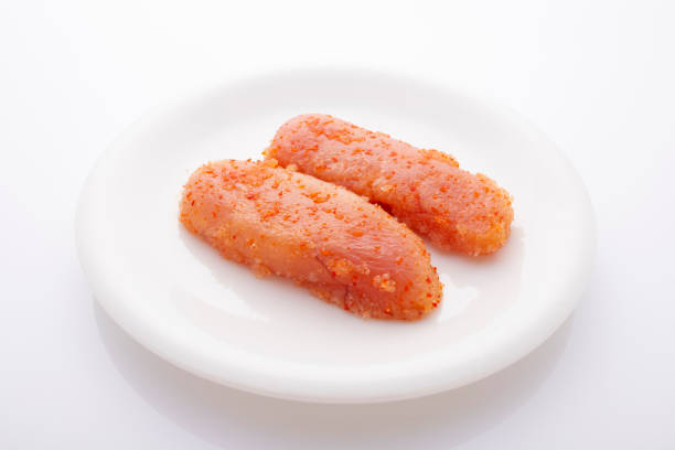 Mentaiko served on a white plate and white background