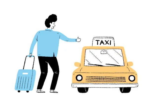 Vector illustration of tourist guy with luggage get the taxi