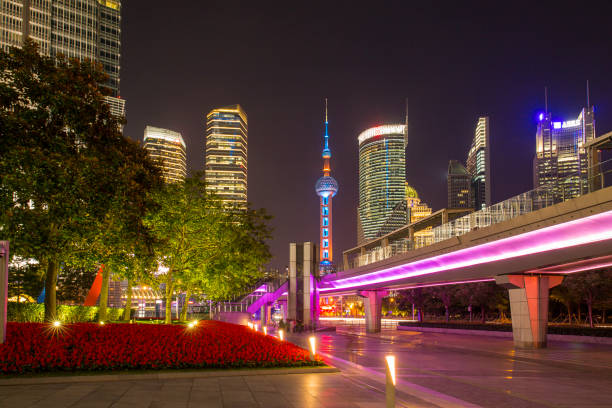 paesaggio urbano di shanghai di notte - shanghai tower foto e immagini stock