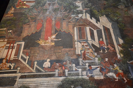 160 years old Buddist temple 160 years old in Bangkok, Thailand. Built in the period of King Rama 4 with great craft and attention to details with golden buddha images, old mural painting about Buddha in the past life. Intricate stucco.
