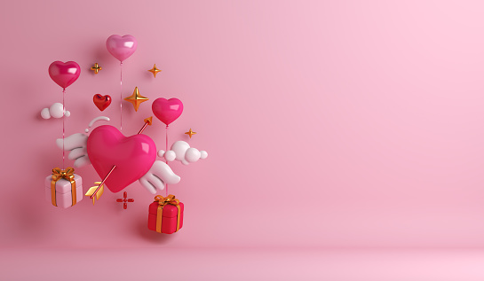 Fondo de Feliz Día de San Valentín con caja de regalo, flecha de ala en forma de corazón, texto de espacio de copia, ilustración de renderizado 3D photo