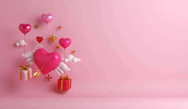 fondo de feliz día de san valentín con caja de regalo, flecha de ala en forma de corazón, texto de espacio de copia, ilustración de renderizado 3d - valentines day heart shape love gift fotografías e imágenes de stock