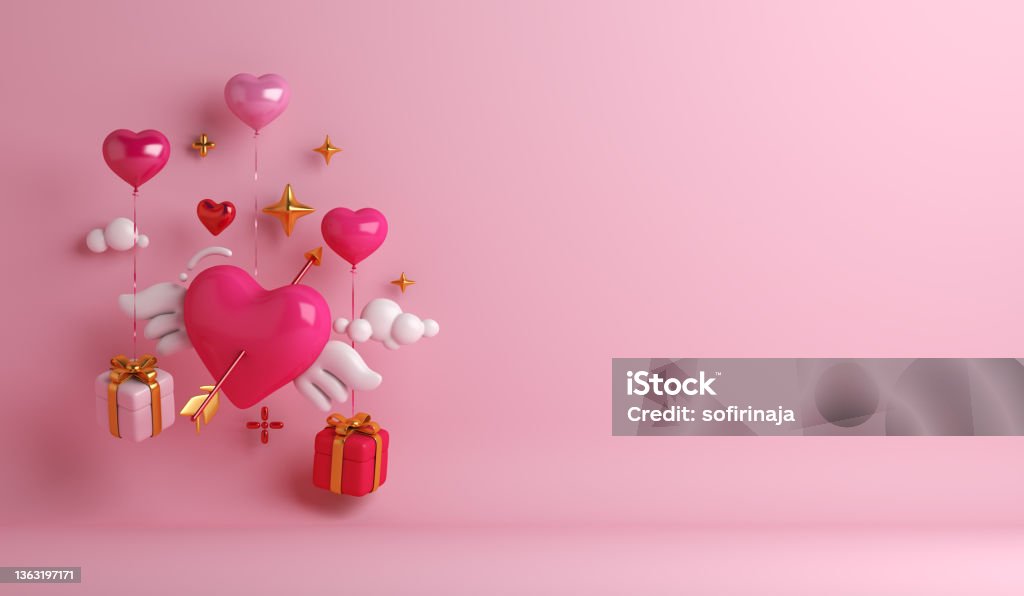 Happy Valentines day background with gift box, heart shape wing arrow, copy space text, 3D rendering illustration Valentine's Day - Holiday Stock Photo