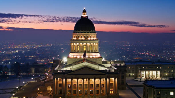 istock Illuminated Utah State Capitol Building at Dusk - Aerial 1363199690