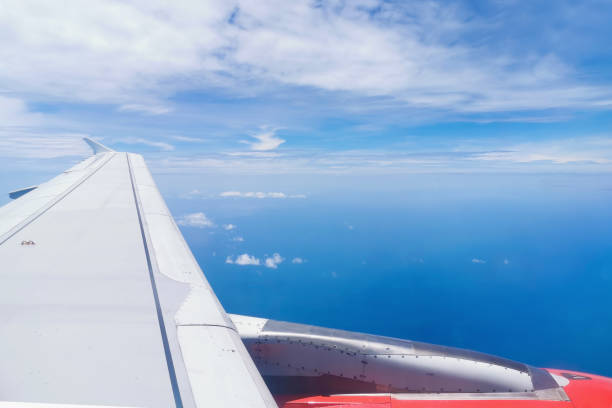 istock Aircraft Jet Engine turbine wing with fluffy clouds. 1363200003