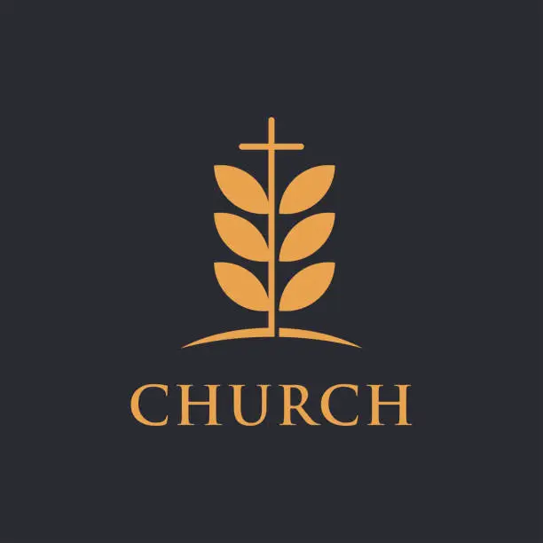 Vector illustration of Tree leaf and cross of church logo icon vector template on dark background