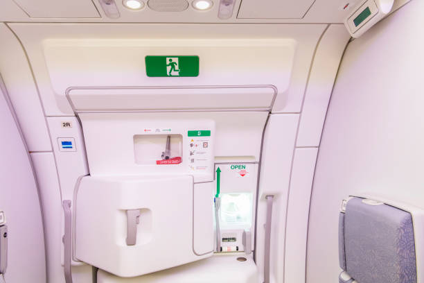 istock Emergency exit on an aircraft, view from inside of the plane. 1363200838