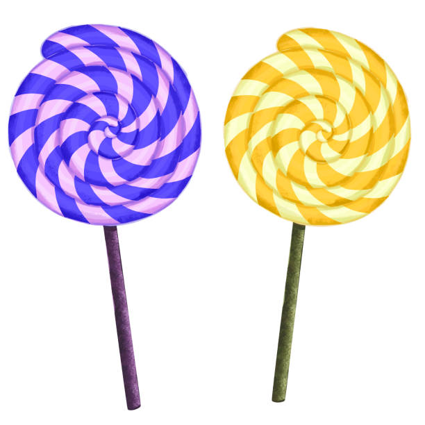 Vector illustration of two isolated lollipops Vector illustration of isolated purple and yellow lollipops. Twisted sucker candy on stick with red spirals. lollipop stock illustrations