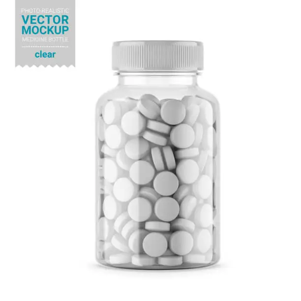 Vector illustration of Clear glass medicine bottle mockup. Vector illustration.