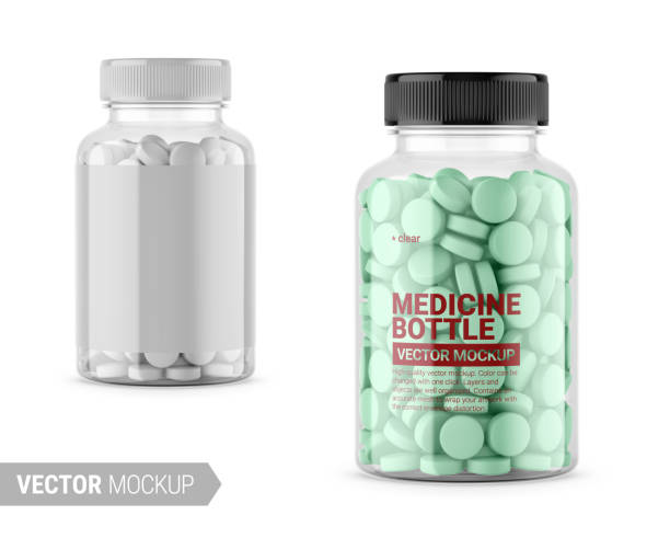 ilustrações de stock, clip art, desenhos animados e ícones de clear glass medicine bottle mockup. vector illustration. - bottle vitamin pill nutritional supplement white