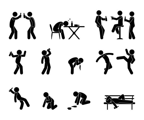 Drunk people, alcohol abuse, alcoholism illustration. A set of people with alcohol addiction, a man staggers, falls, fights. Drunk people, alcohol abuse, alcoholism illustration. A set of people with alcohol addiction, a man staggers, falls, fights. Asocial behavior under the influence of addiction. drunk stock illustrations