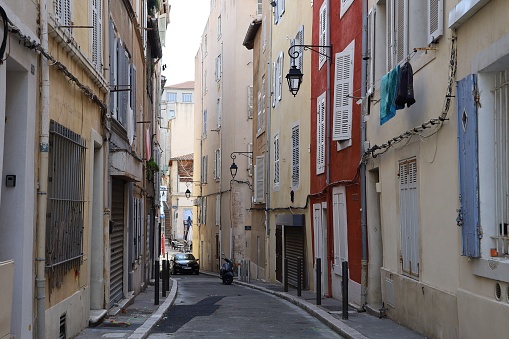 Typical old narrow street in the Panier district, city of Marseille, Bouches du Rhône department, France