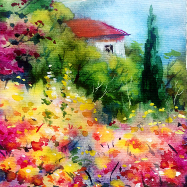 istock Watercolor colorful bright textured abstract background handmade . Mediterranean landscape . Painting of architecture and vegetation of the sea coast 1363211759