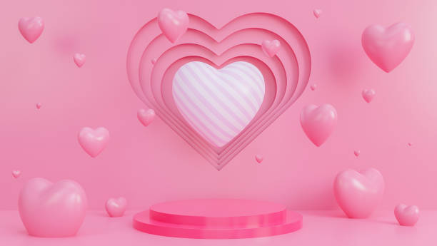 istock Happy valentine's day paper style with podium for product presentation and hearts 3d objects on pink background.,3d model and illustration. 1363213082