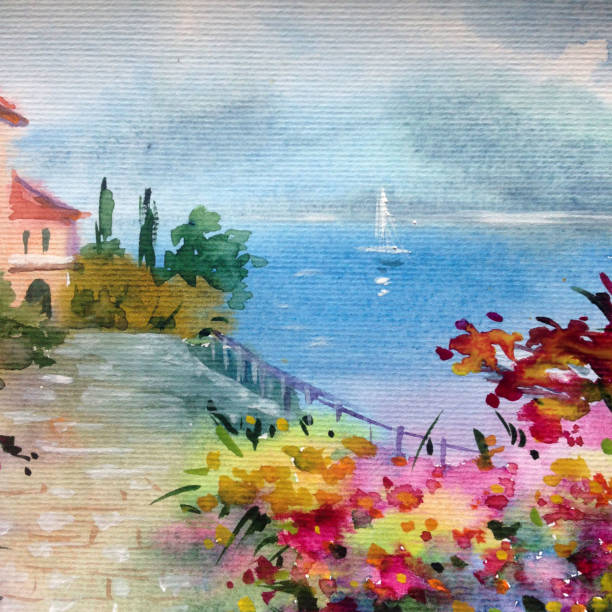 istock Watercolor colorful bright textured abstract background handmade . Mediterranean landscape . Painting of architecture and vegetation of the sea coast 1363214127