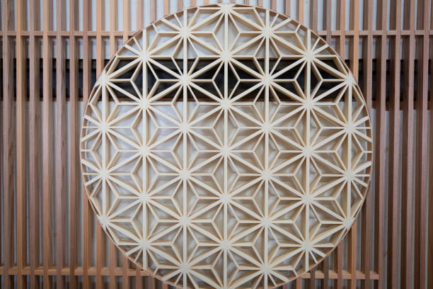 Hand crafted traditional Kumiko wood art close up of the details.