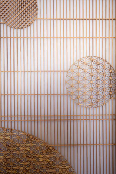Hand crafted traditional Kumiko wood art close up of the details.