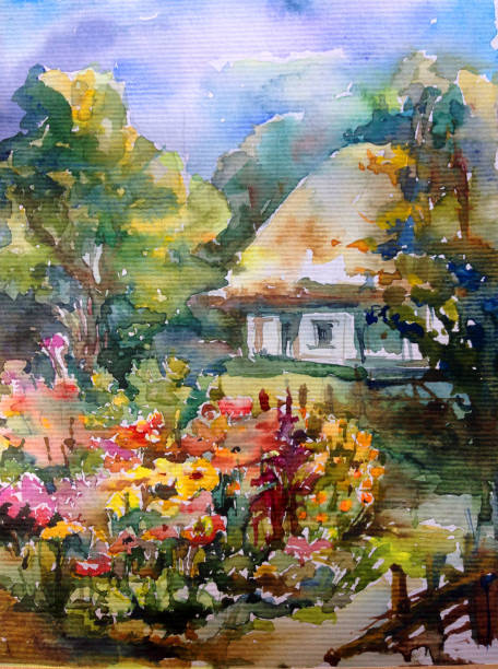 istock Watercolor colorful bright textured abstract background handmade . Mediterranean landscape . Painting of architecture and vegetation of the village 1363216412