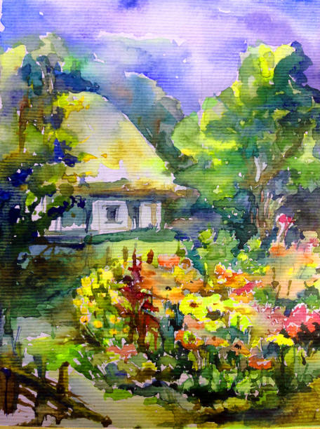 istock Watercolor colorful bright textured abstract background handmade . Mediterranean landscape . Painting of architecture and vegetation of the village 1363216413