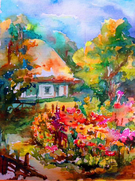 istock Watercolor colorful bright textured abstract background handmade . Mediterranean landscape . Painting of architecture and vegetation of the village 1363216414
