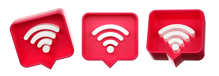 Wifi icon in red speech bubble isolated on white background. Connection and communication concept.
