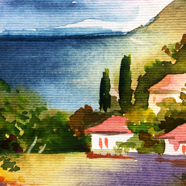 istock Watercolor colorful bright textured abstract background handmade . Mediterranean landscape . Painting of architecture and vegetation of the sea coast 1363216625