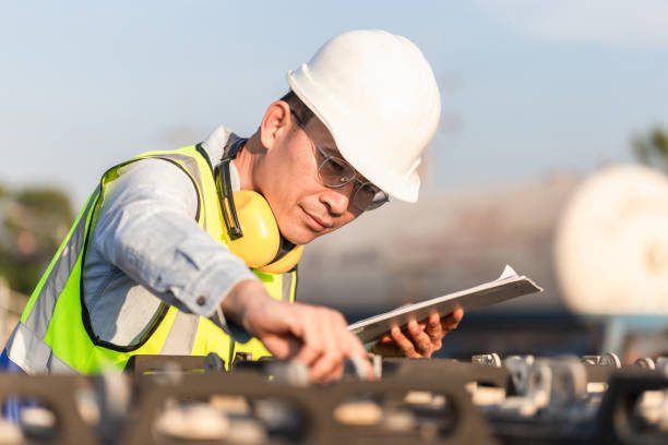 istock Engineer in waistcoats and hardhats with documents inspecting construction site, Mechanical worker checking of the battery storage system 1363218122