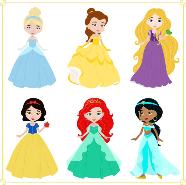 illustrazioni stock, clip art, cartoni animati e icone di tendenza di set con principesse in abiti, illustrazione per bambini, vettoriale - principessa