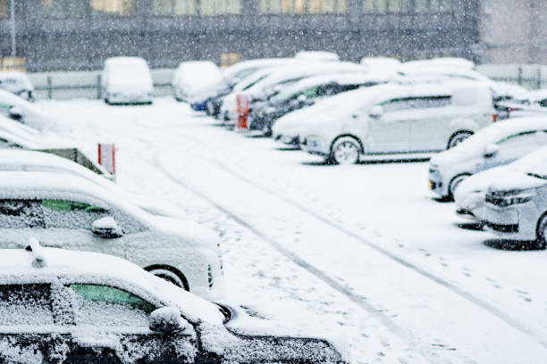 日本の雪の駐車場と車