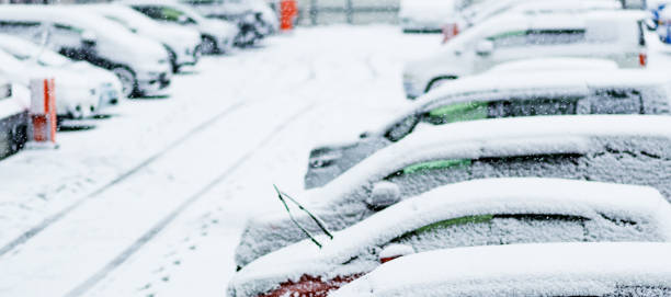 istock Japanese snowy parking area and car 1363220319
