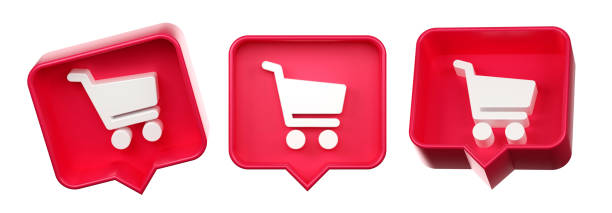 Shopping Cart icon in red speech bubble. stock photo