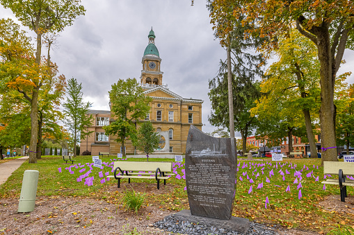 Hillsdale, Michigan, USA - October 21, 2021: The Hillsdale County Courthouse and it is Sultana Memorial