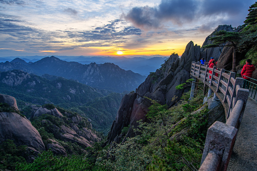 A beautiful and tranquil sunrise at the peaks of Mount Huangshan, Anhui province, China