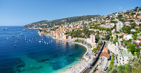 Plage des Marinieres beach in the Villefranche-sur-Mer town on the French Riviera, France