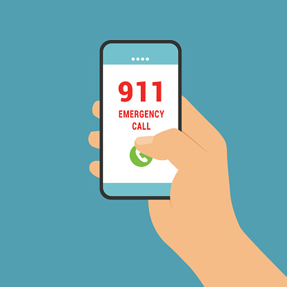 Flat design illustration of male hand holding smartphone. Emergency call to the phone number 911 - vector