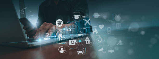 istock Businessman hand working with modern computer and smart phone show vitual innovation insurance online for car, travel, family and life, financial and health insurance. Insurance concept. 1363232290