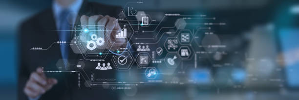 istock Businessman hand working with virtual innovation Operations management involving business process and problem solving,workflow,monitoring and evaluation,high performance quality control on computer dashboard. 1363232583