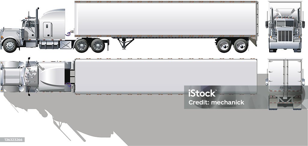 Hi-detailed commercial semi-truck Vector hi-detailed commercial semi-truck. WARNING! Available cdr-12 and ai-10 vector format separated by groups with transparency option for easy edit. Semi-Truck stock vector