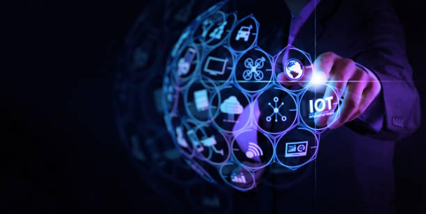 Digital transformation,IOT Internet of things Digital transformation Modern Technology concept businessman select the abstract chip with text IoT on the virtual display on virtual screen. stock photo