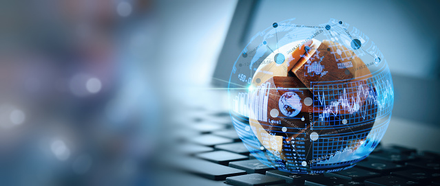 Wooden texture globe with social media diagram on laptop computer as internet conceptIntelligence (BI) and business analytics (BA) with key performance indicators (KPI) dashboard in VR globe form concept.